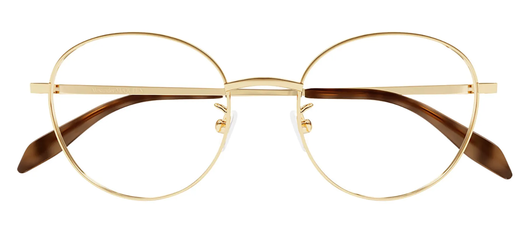 Alexander McQueen AM 0414O 002 Round Metal Gold Eyeglasses with Logo Stamped Demo Lenses sold by Gaffos