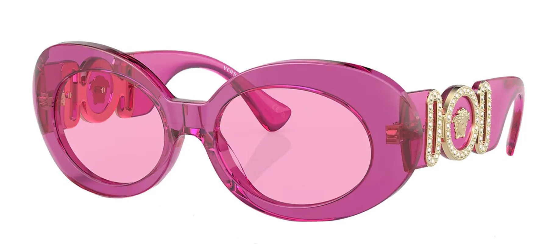 Versace VE 4426BU 5334/5 Round Plastic Transparent Fuchsia Sunglasses with Fuchsia Solid Color Lens sold by Gaffos