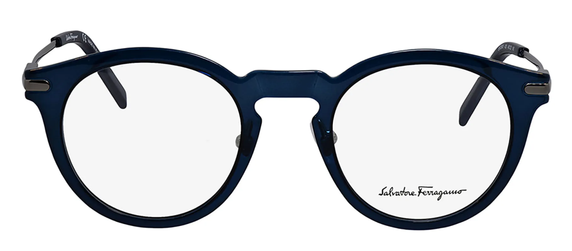 Salvatore Ferragamo SF 2906 420 Round Metal Navy Eyeglasses with Logo Stamped Demo Lenses sold by Gaffos