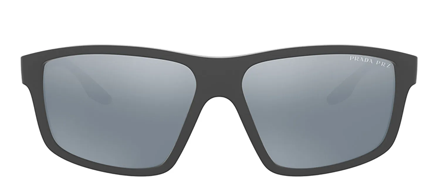 Prada Linea Rossa PS 02XS UFK07H Rectangular Plastic Grey Rubber Sunglasses with Dark Grey Mirror Silver Polarized Lens sold by Gaffos