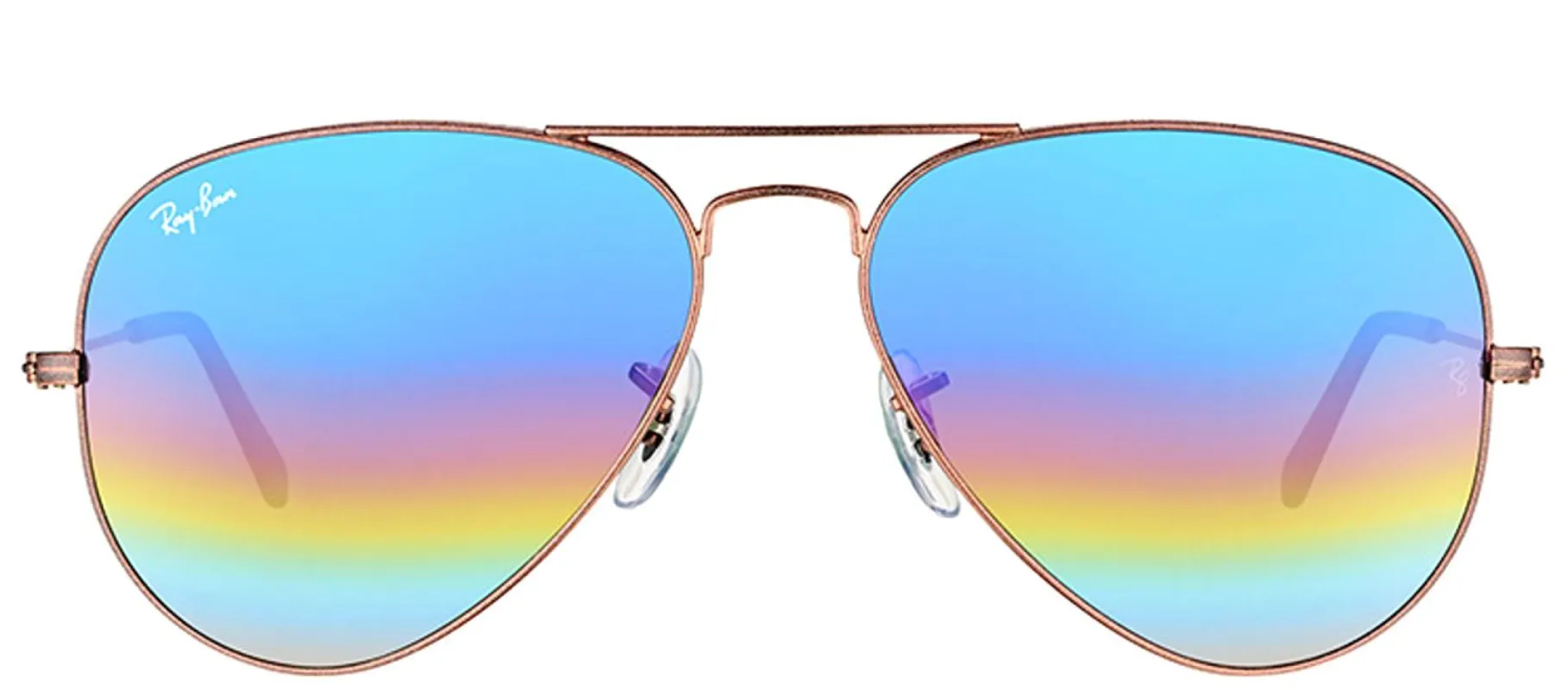 Ray-Ban RB 3025 9019C2 Aviator Metal Bronze Sunglasses with Blue Rainbow Flash Mirror Lens made by Gaffos