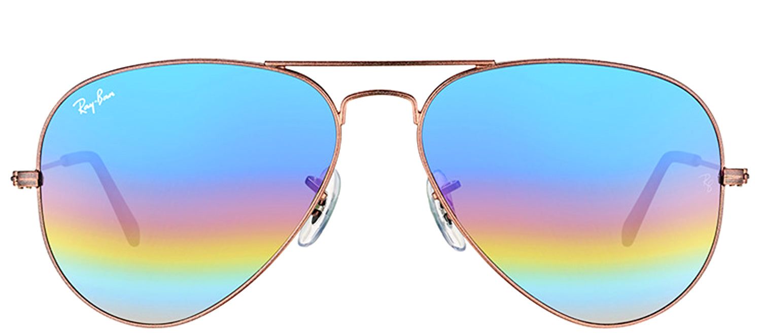 Ray-Ban RB 3025 9019C2 Aviator Metal Bronze Sunglasses with Blue Rainbow Flash Mirror Lens sold by Gaffos