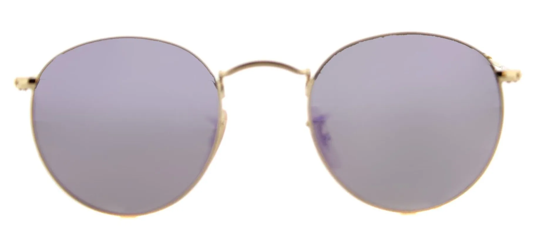 Ray-Ban RB 3447N 001/8O Round Metal Gold Sunglasses with Wisteria Flat Flash Lens sold by Gaffos