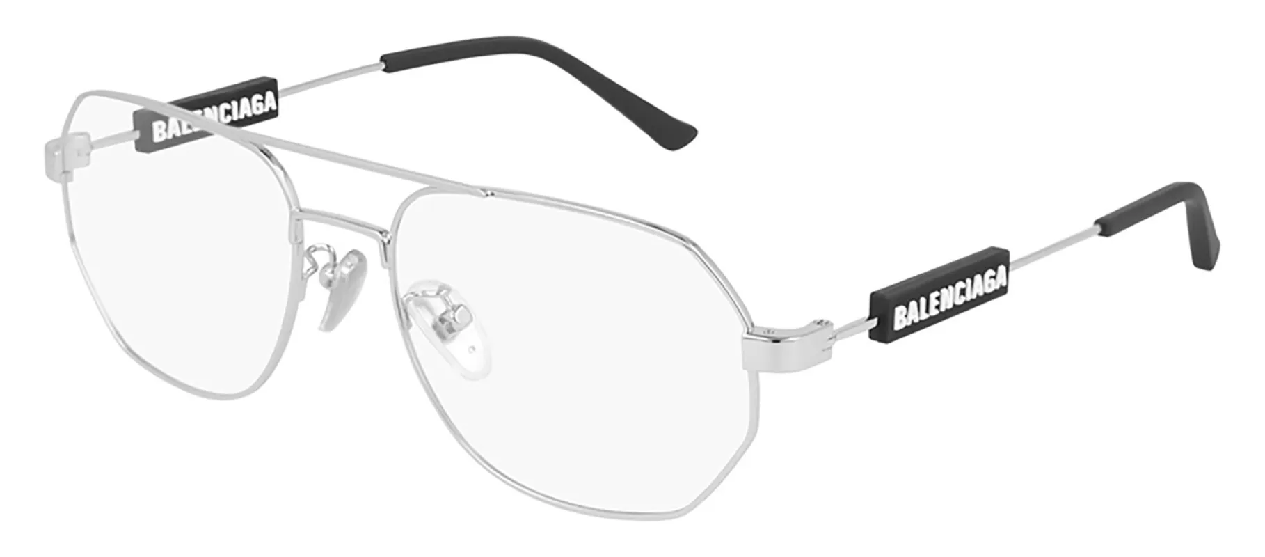 Balenciaga BB 0117O 002 Geometric Metal Silver Eyeglasses with Logo Stamped Demo Lenses sold by Gaffos