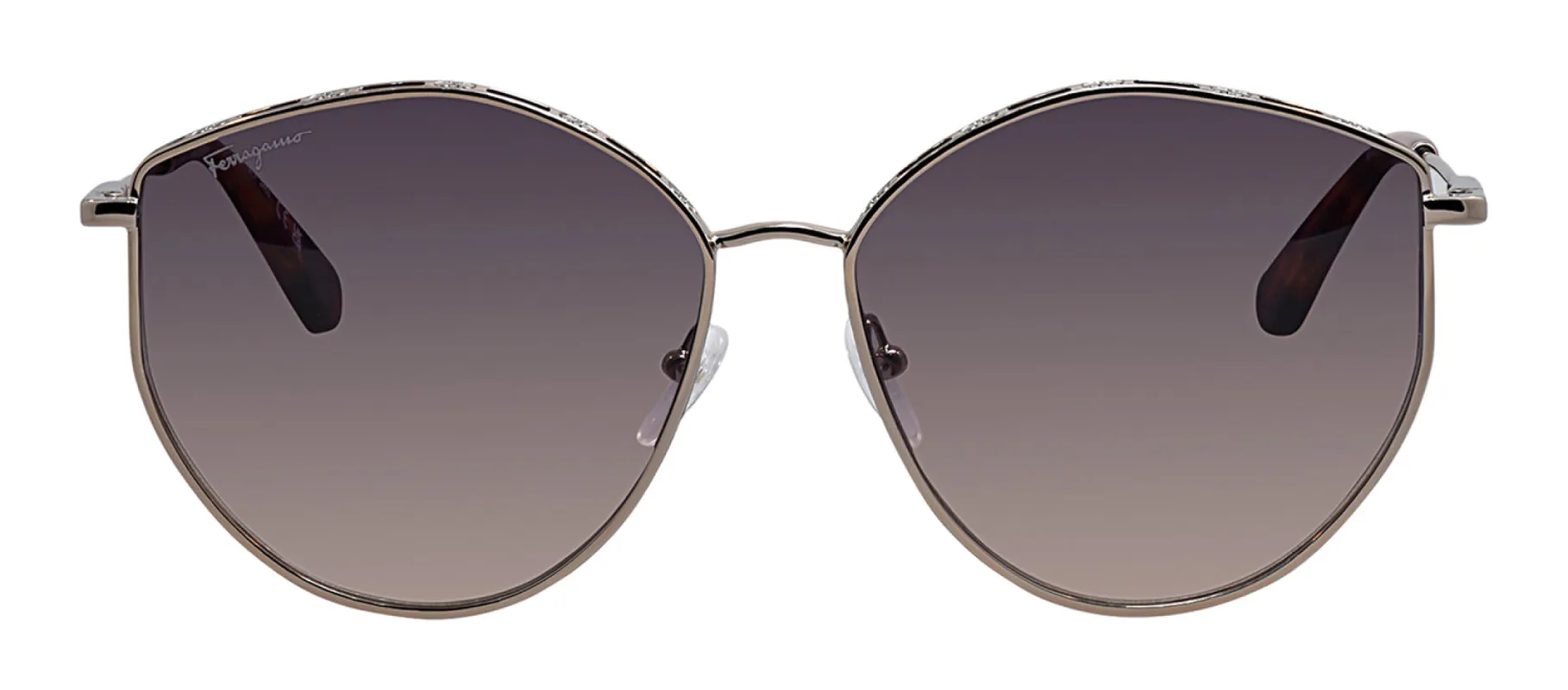 Salvatore Ferragamo SF 264S 754 Irregular Metal Gold Sunglasses with Purple Gradient Lens sold by Gaffos