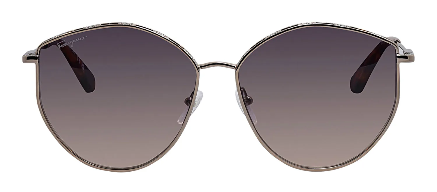 Salvatore Ferragamo SF 264S 754 Irregular Metal Gold Sunglasses with Purple Gradient Lens sold by Gaffos