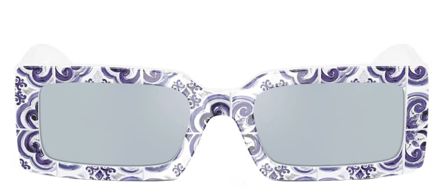 DOLCE & GABBANA DG 4416 345155 Rectangle Blue Maiolica On White Acetate Sunglasses with Light Blue Mirror Silver Lens sold by Gaffos