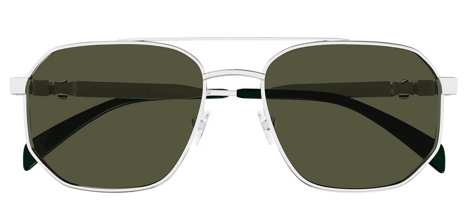 Alexander McQueen AM 0458S 003 Pilot Metal Silver Sunglasses with Green Lens sold by Gaffos