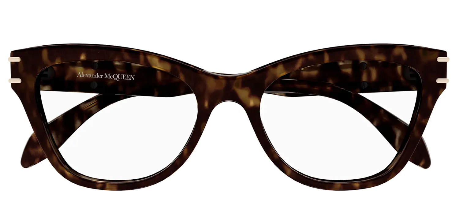 Alexander McQueen AM 0401O 002 Cat-Eye Plastic Havana Eyeglasses with Logo Stamped Demo Lenses sold by Gaffos