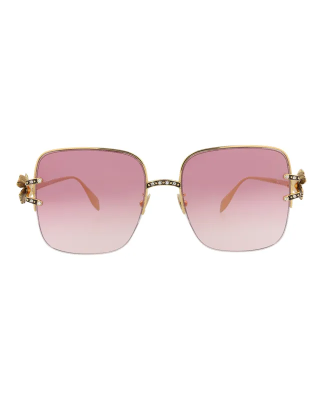 Alexander McQueen AM 0371S 30013274 003 Square Metal Gold Sunglasses with Red Lens made by Alexander McQueen