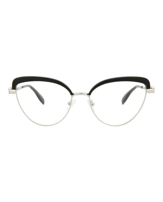 Alexander McQueen AM 0259O 30008692 001 Cat-Eye Metal Silver Optical Frames with Transparent Lens sold by Gaffos