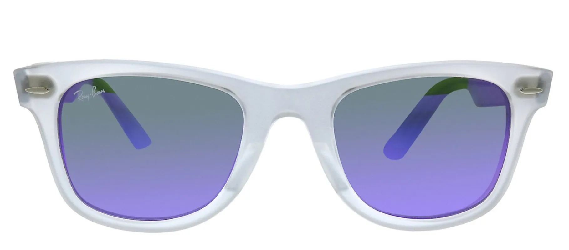 Ray-Ban RB 4340 646/1M Square Plastic Clear Sunglasses with Purple Mirror Lens made by Gaffos