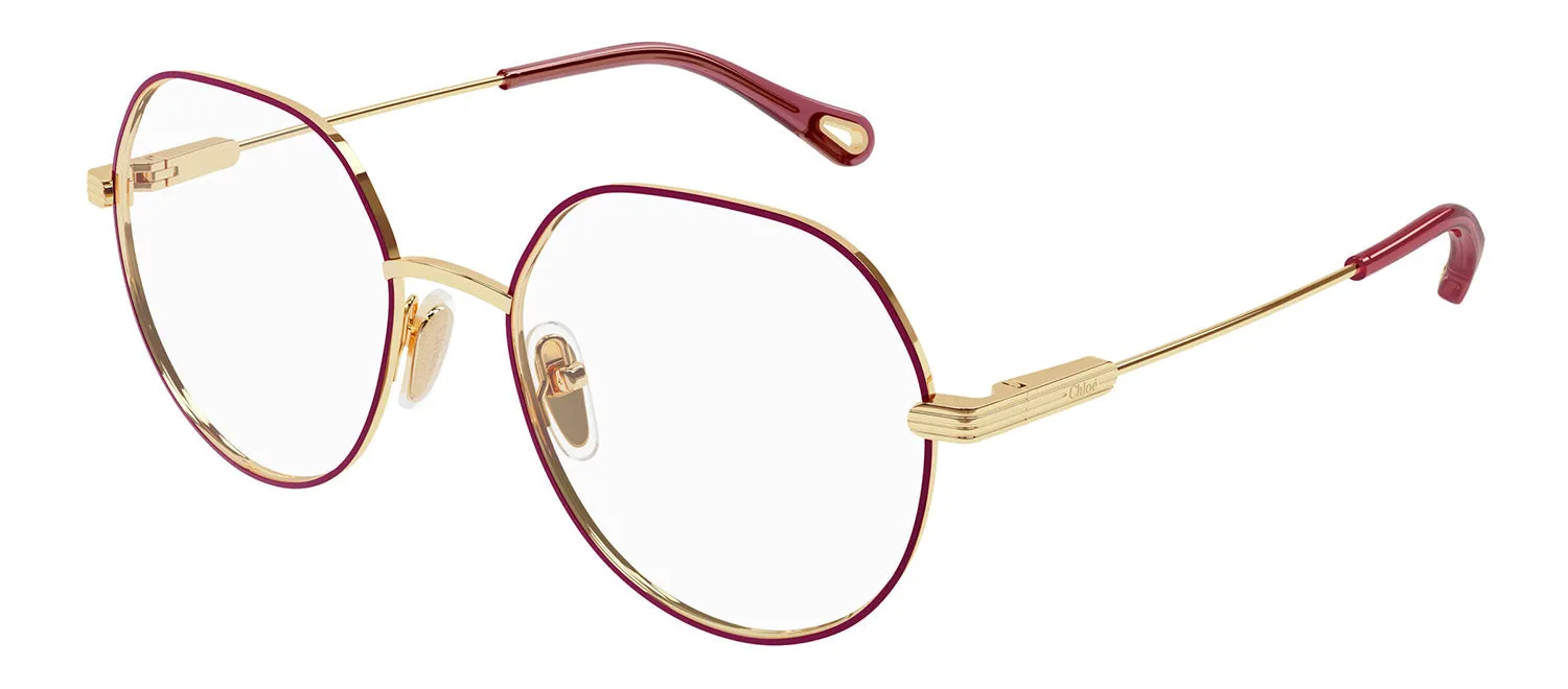 Chloe CH 0137O 007 Geometric Metal Red Eyeglasses with Logo Stamped Demo Lenses sold by Gaffos