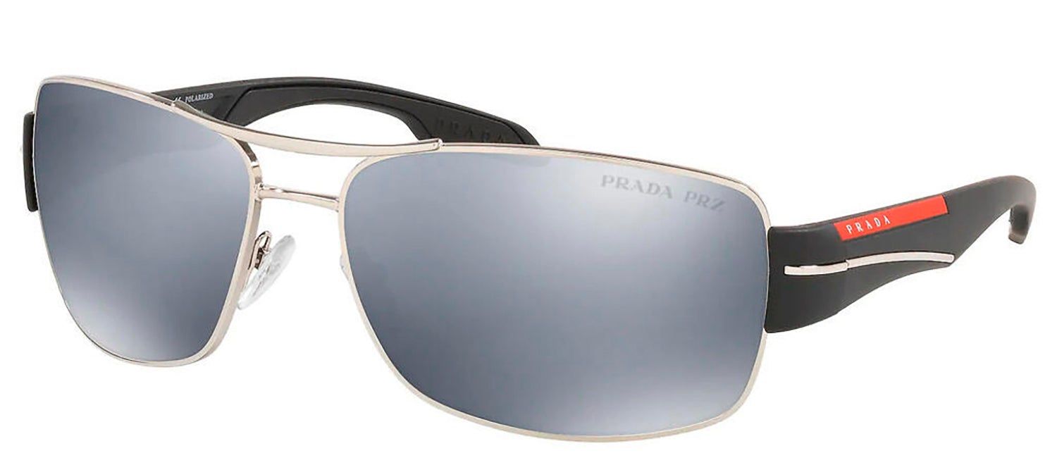 Prada Linea Rossa PS 53NS 1BC07H Rectangle Metal Silver Sunglasses with Grey Mirrored Polarized Lens sold by Gaffos
