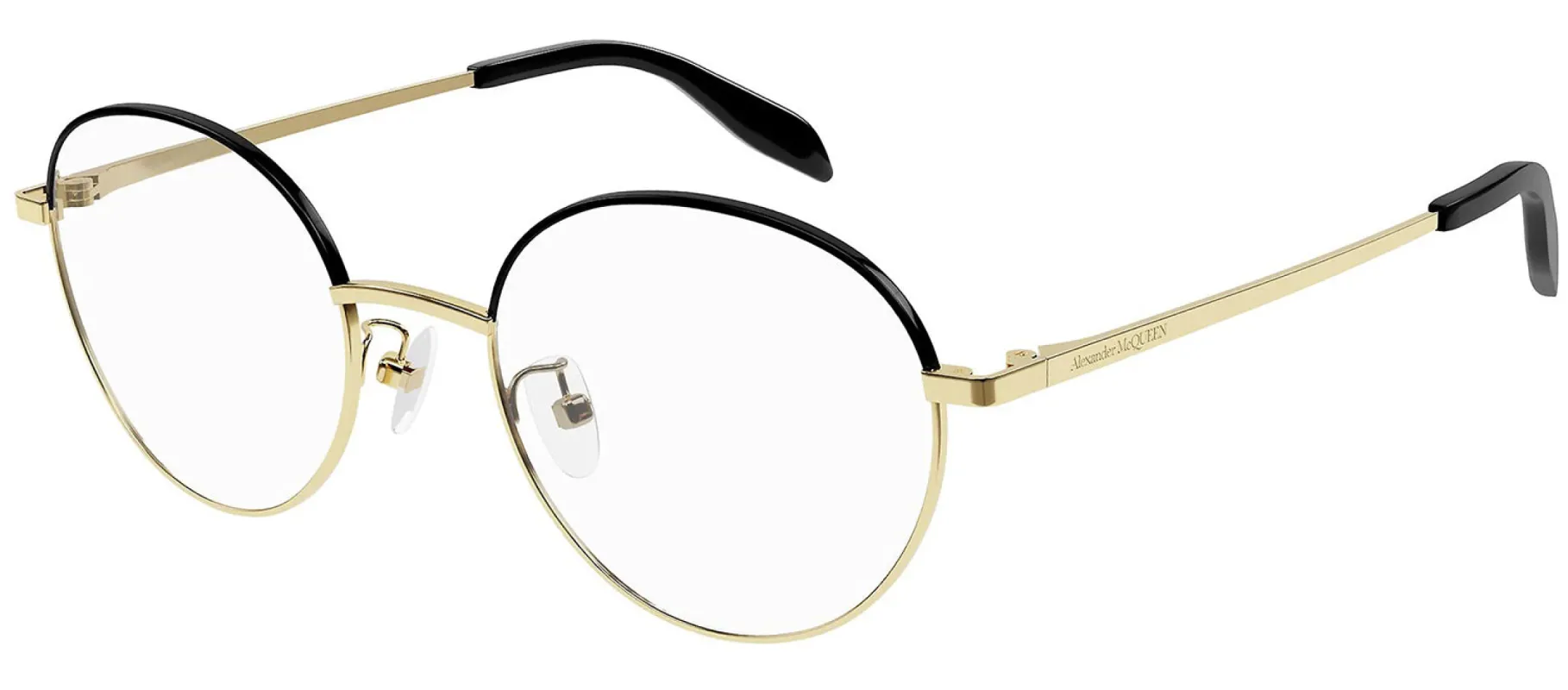 Alexander McQueen AM 0369O 001 Round Metal Gold Eyeglasses with Logo Stamped Demo Lenses sold by Gaffos