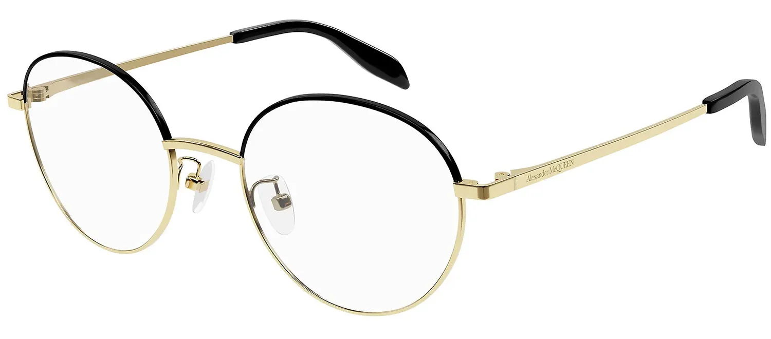 Alexander McQueen AM 0369O 001 Round Metal Gold Eyeglasses with Logo Stamped Demo Lenses sold by Gaffos