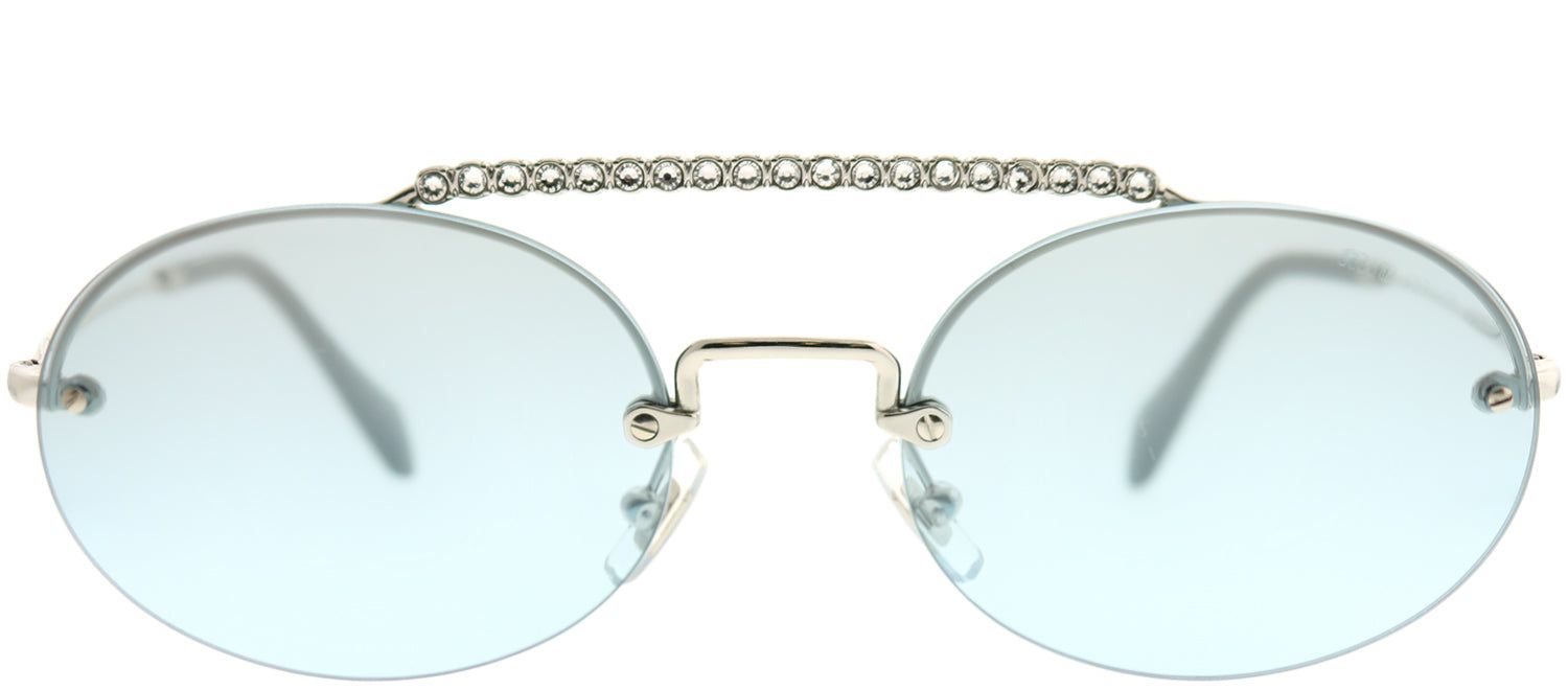 Miu Miu MU 60TS 1BC096 Oval Metal Silver Sunglasses with Azure Mirror Gradient Lens sold by Gaffos