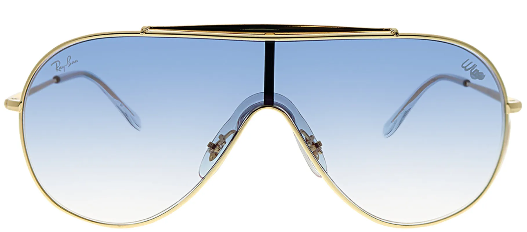 Ray-Ban Wings RB 3597 001/X0 Shield Metal Gold Sunglasses with Blue Gradient Mirror Red Lens made by Ray-Ban