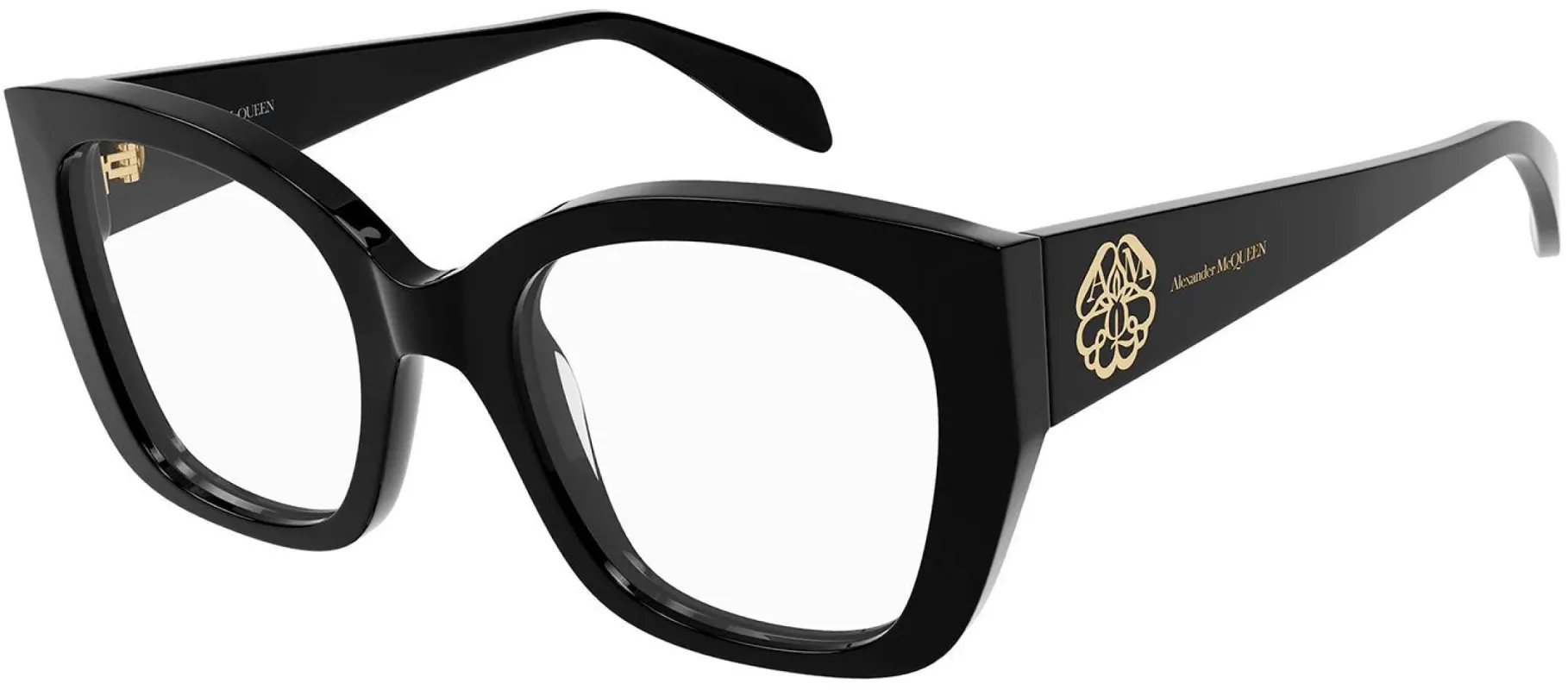 Alexander McQueen AM 0379O 001 Butterfly Plastic Black Eyeglasses with Logo Stamped Demo Lenses made by Gaffos