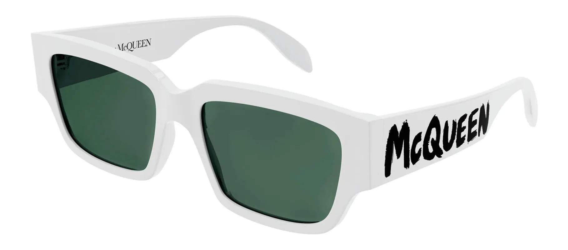 Alexander McQueen AM 0329S 003 Rectangle Plastic White Sunglasses with Green Lens made by Gaffos