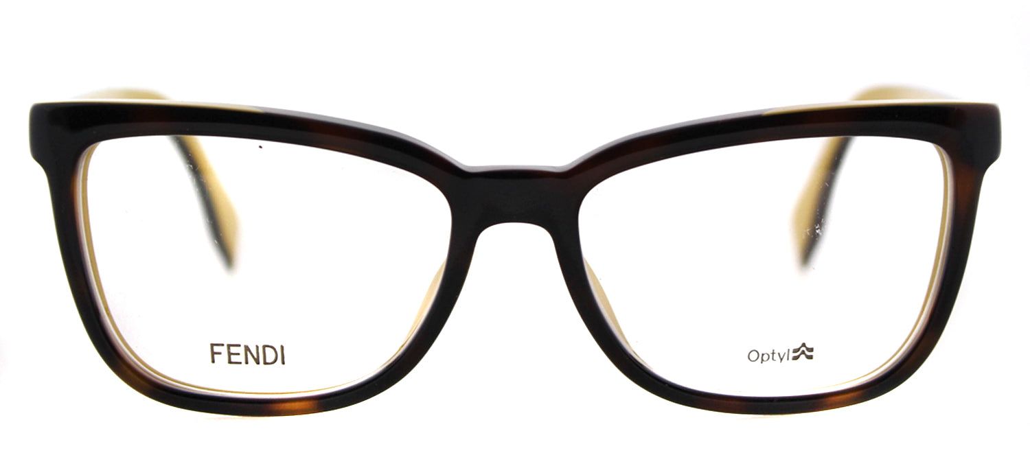 Fendi FF 0122 MFR Rectangle Plastic Tortoise/ Havana Eyeglasses with Demo Lens with Logo Print sold by Gaffos