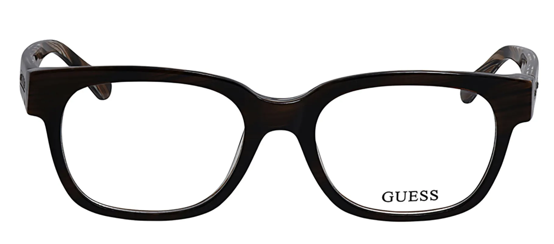 Guess GU 1754 BRN Round Plastic Brown Eyeglasses with Logo Stamped Demo Lenses sold by Gaffos