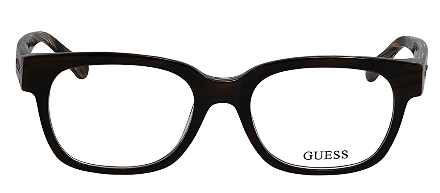 Guess GU 1754 BRN Round Plastic Brown Eyeglasses with Logo Stamped Demo Lenses sold by Gaffos