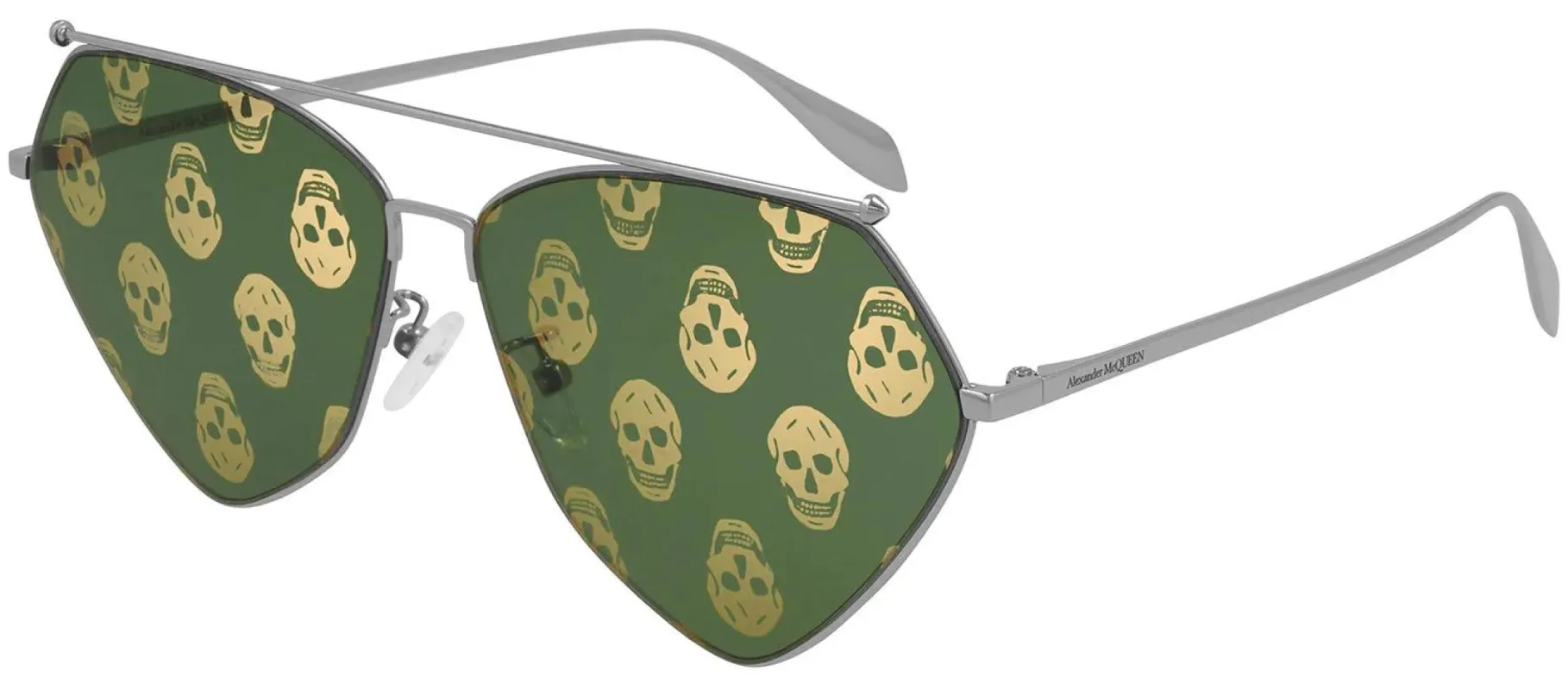 Alexander McQueen AMQ 0317S 003 Geometric Metal Grey Sunglasses with Green Lens made by Gaffos