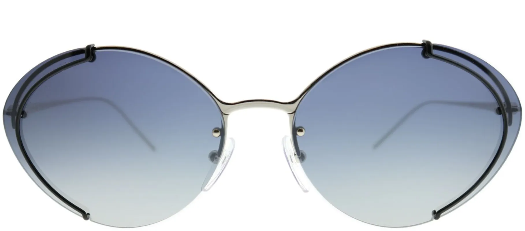 Prada PR 60US GAQ3A0 Oval Metal Silver Sunglasses with Blue Mirror Gradient Silver Lens sold by Gaffos