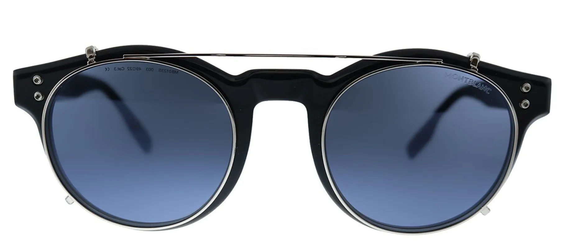 Montblanc MB 123S 003 Round Acetate Black Sunglasses with Blue Mirror Lens made by Gaffos