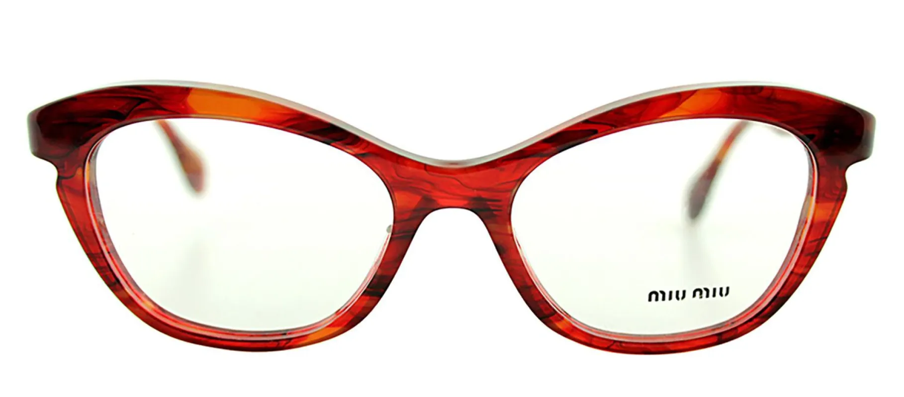 Miu Miu MU 07LV GAT1O1 Cat-Eye Plastic Red Orange Eyeglasses with Logo Stamped Demo Lenses made by Gaffos