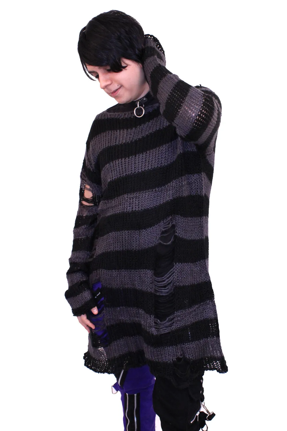 Grey/Black Striped Distressed Sweater sold by Vampire Freaks product image thumbnail 3