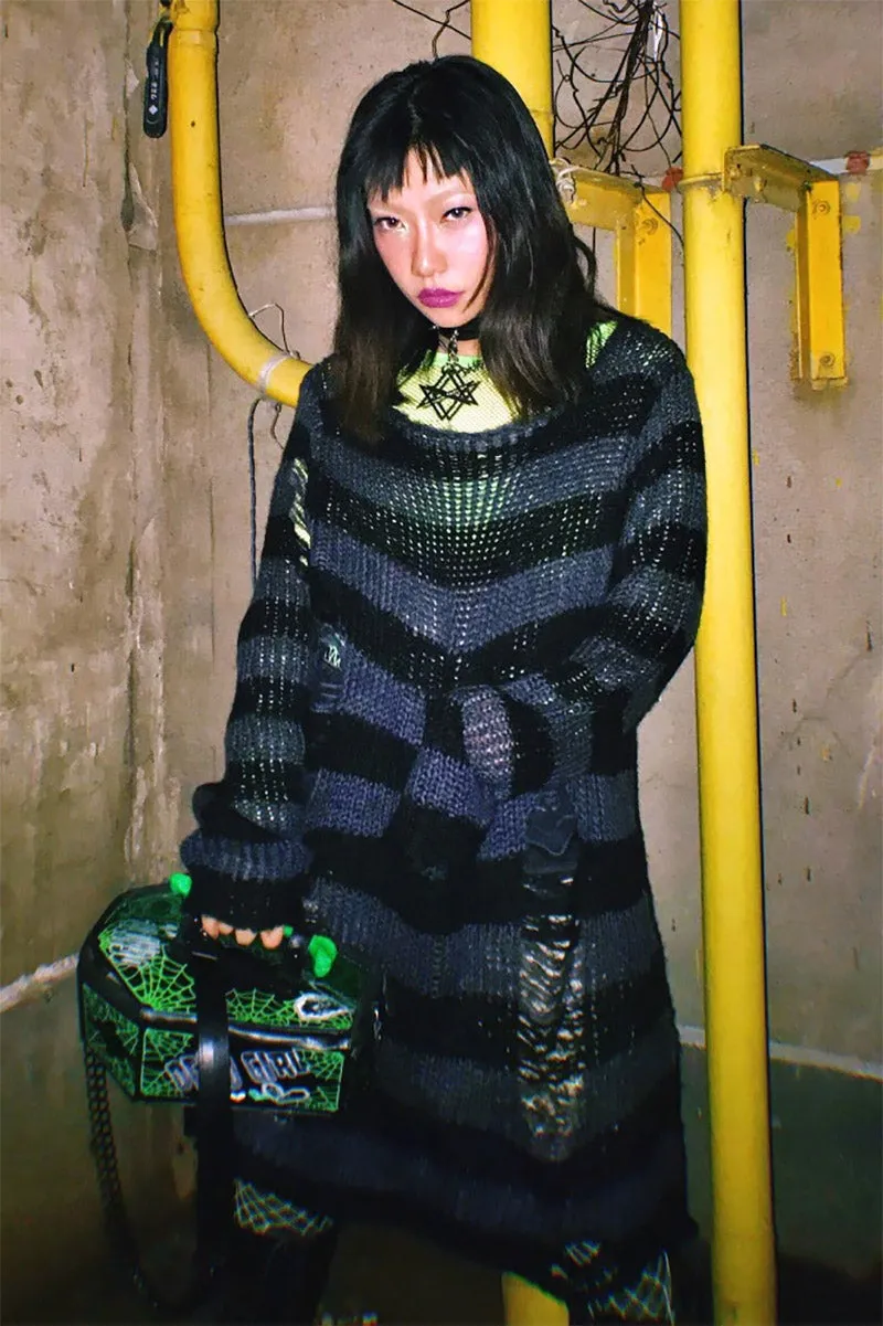 Grey/Black Striped Distressed Sweater sold by Vampire Freaks product image thumbnail 2