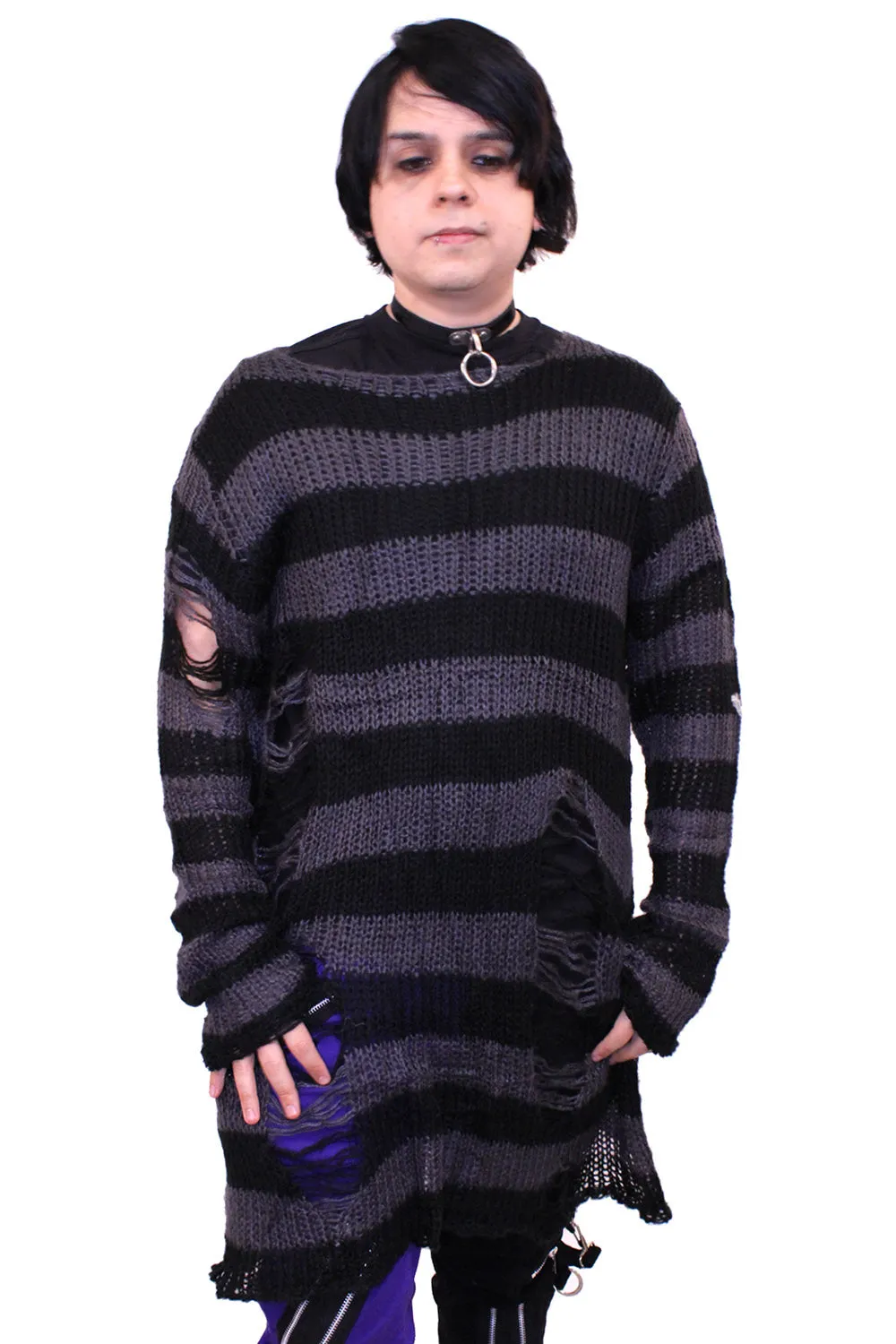 Grey/Black Striped Distressed Sweater sold by Vampire Freaks product image thumbnail 4