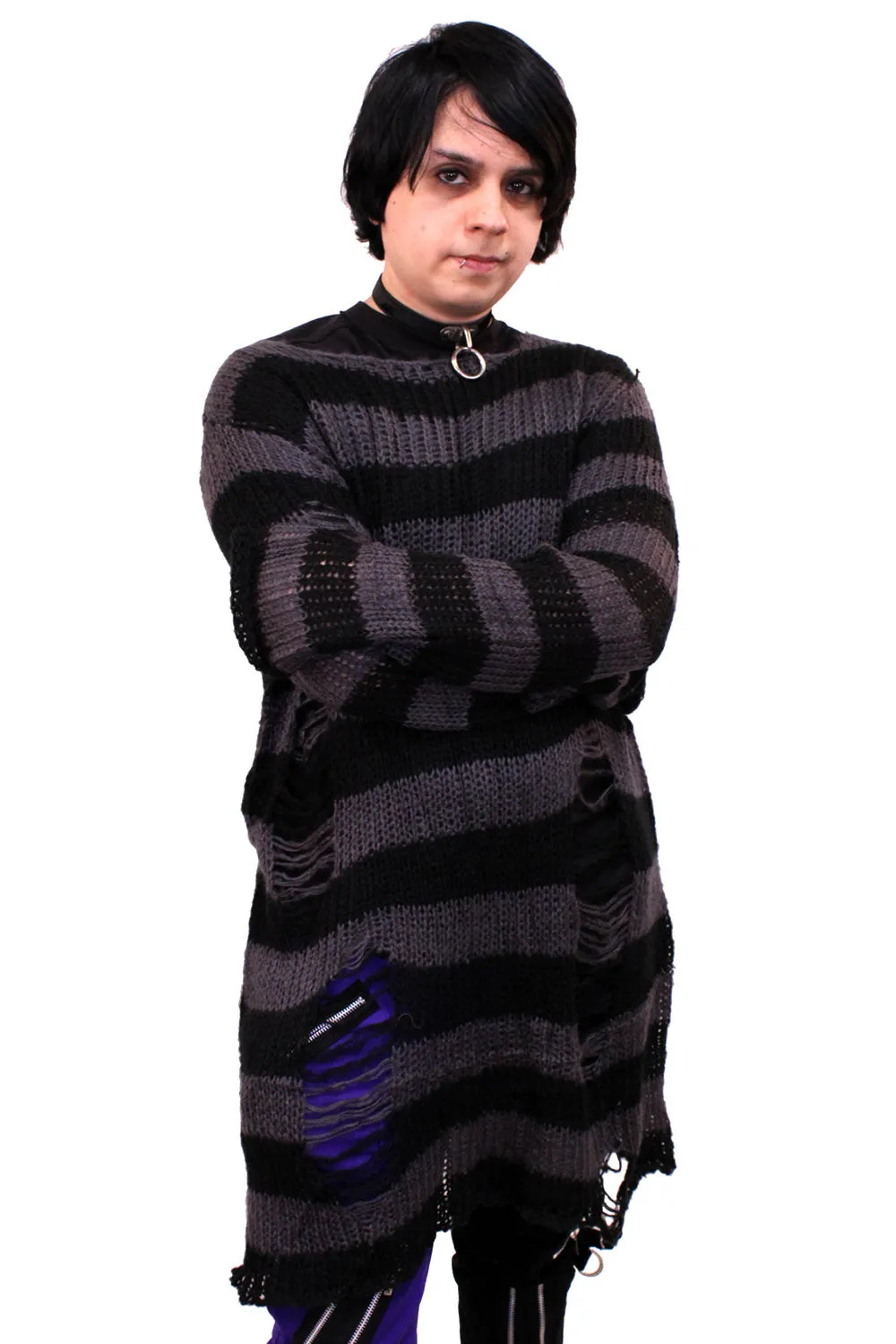 Grey/Black Striped Distressed Sweater sold by Vampire Freaks product image thumbnail 5