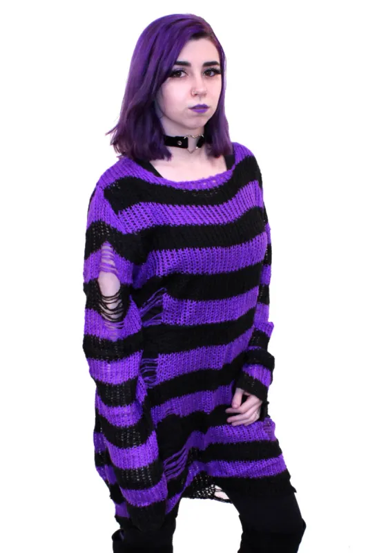 Purple/Black Striped Distressed Sweater sold by Vampire Freaks