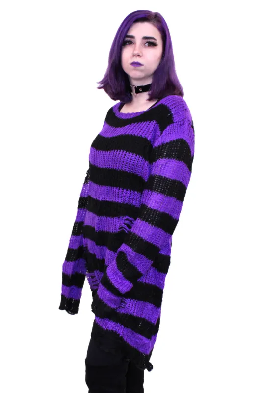 Purple/Black Striped Distressed Sweater Parallel