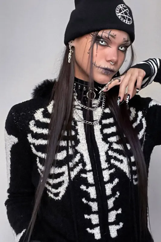 Bony Skeleton Cardigan Zip Up Sweater [BLACK/WHITE] sold by Vampire Freaks