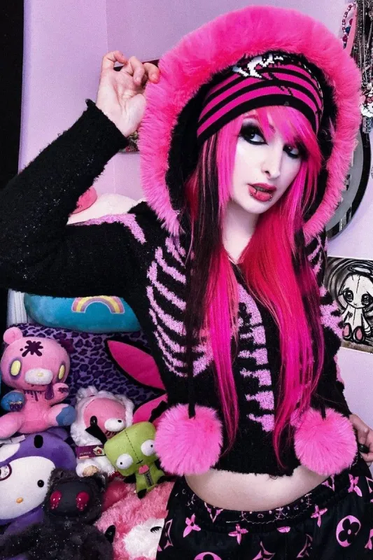 Bony Skeleton Fuzzy Zip Up Cardigan Sweater [BLACK/PINK] sold by Vampire Freaks
