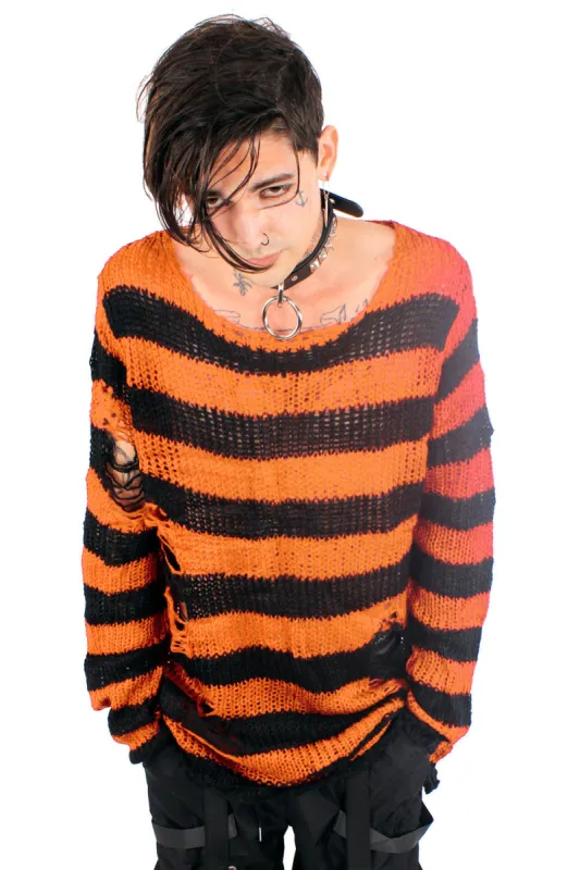Pumpkin Orange/Black Striped Distressed Sweater sold by Vampire Freaks