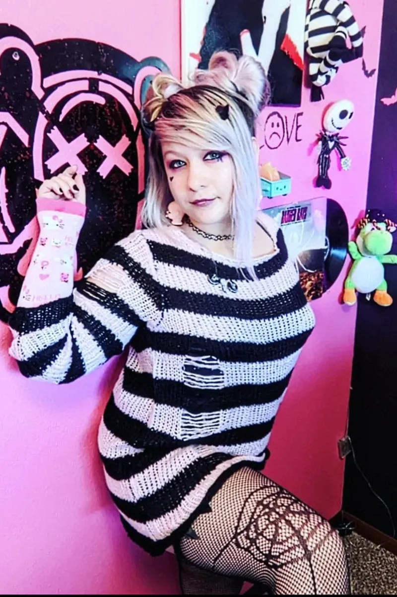 Pastel Pink/Black Striped Distressed Sweater sold by Vampire Freaks