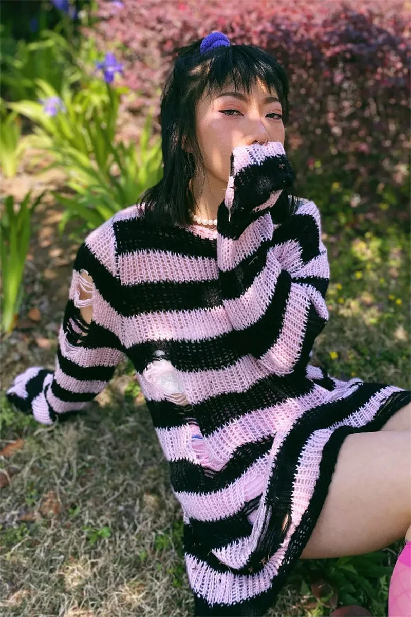 Pastel Pink/Black Striped Distressed Sweater sold by Vampire Freaks product image thumbnail 5