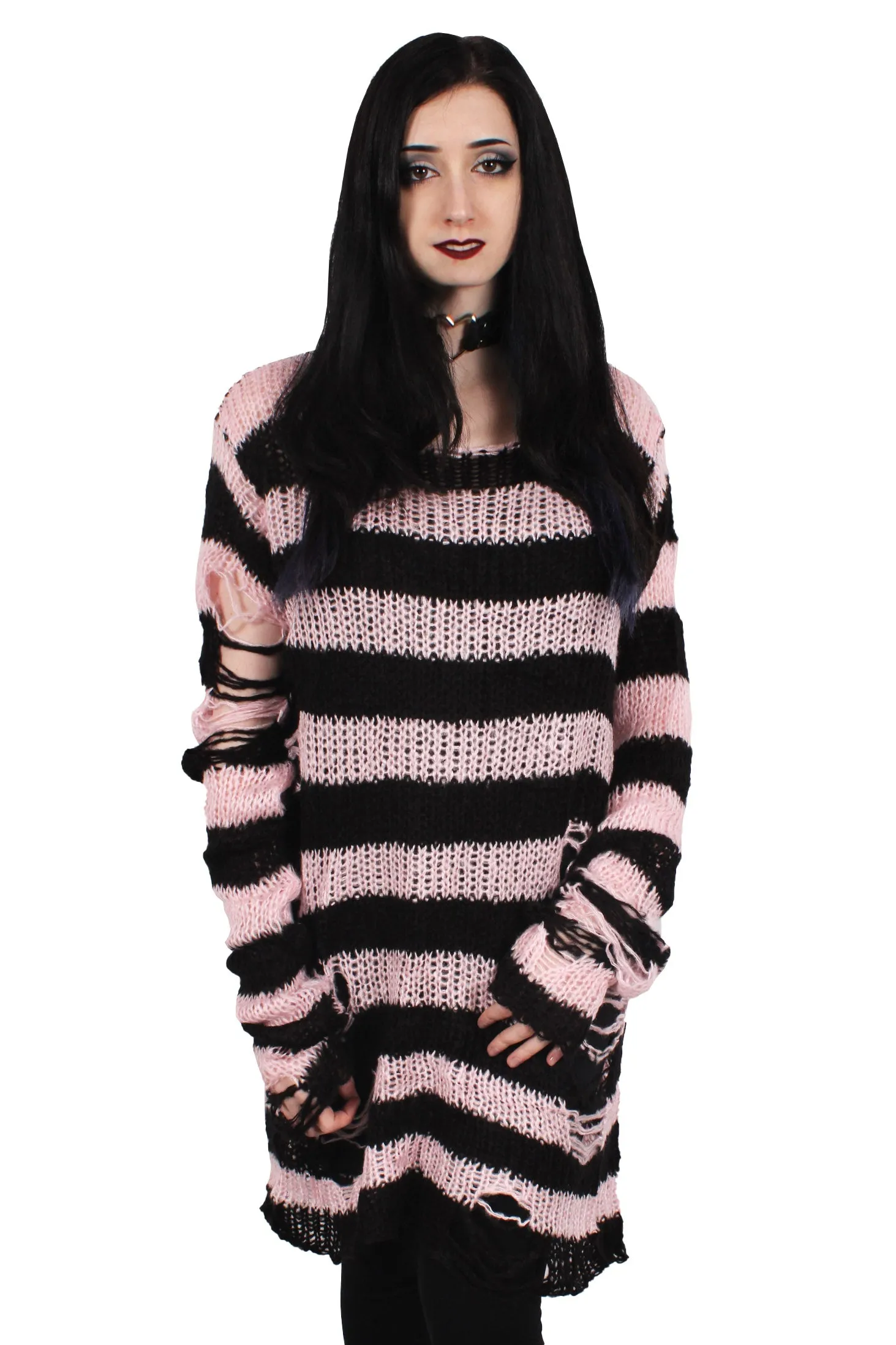 Pastel Pink/Black Striped Distressed Sweater sold by Vampire Freaks product image thumbnail 4
