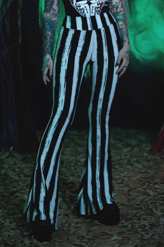 Distressed Beetlejuice Striped Hellz Bellz Bell Bottoms [BLACK/WHITE] sold by Vampire Freaks