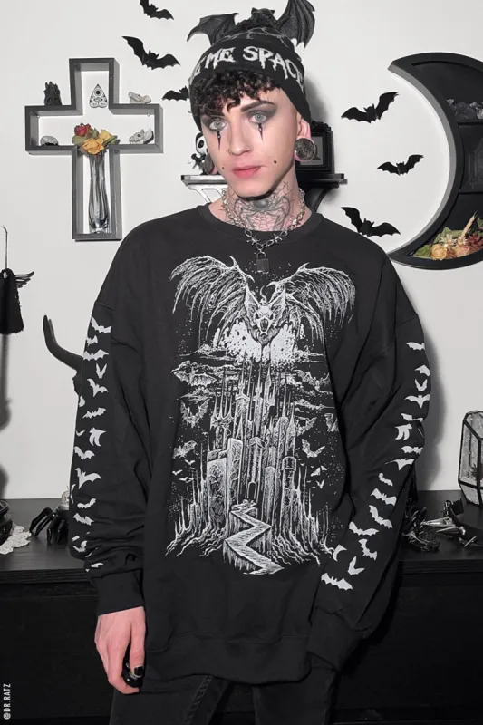 Vampire Castle Sweatshirt w/ Bat Sleeves [BLACK/WHITE] sold by Vampire Freaks