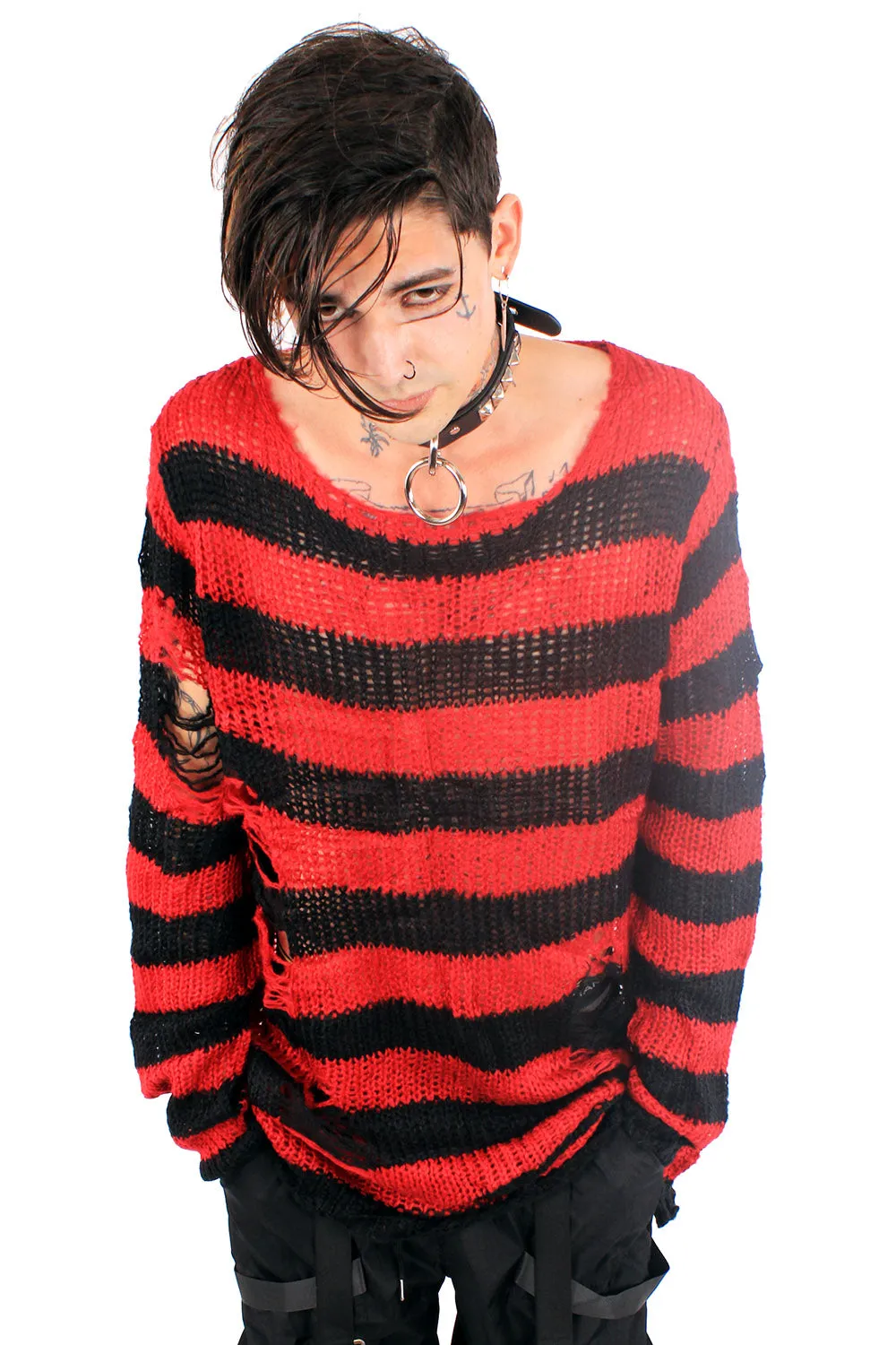 unknown 00’s red distressed stripe knit Red/Black Striped Distressed Sweater | Parallel