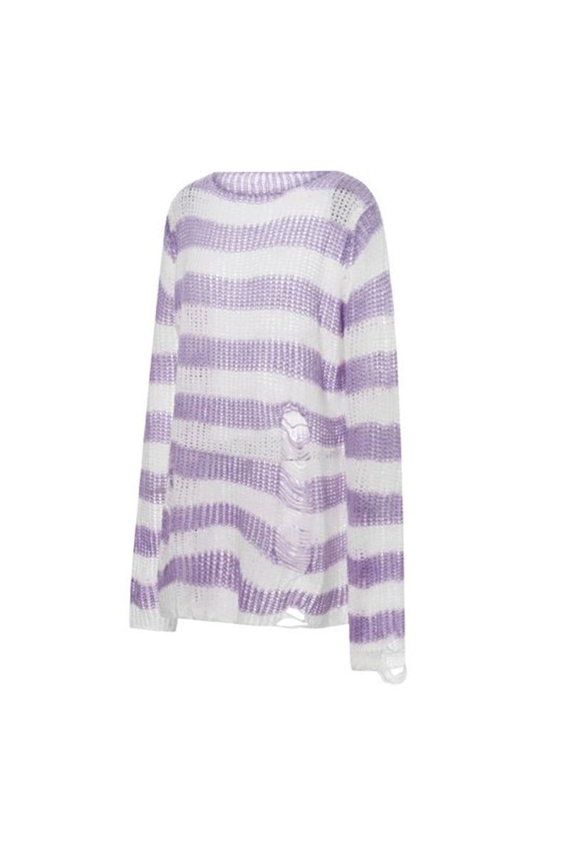 Lilac/White Striped Distressed Sweater sold by Vampire Freaks product image thumbnail 3