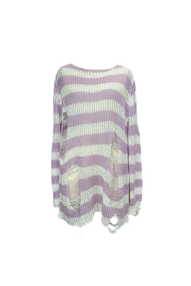Lilac/White Striped Distressed Sweater sold by Vampire Freaks