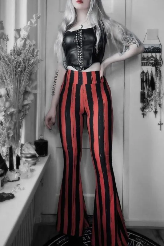 Distressed Striped Hellz Bellz Bell Bottoms [BLACK/RED] sold by Vampire Freaks