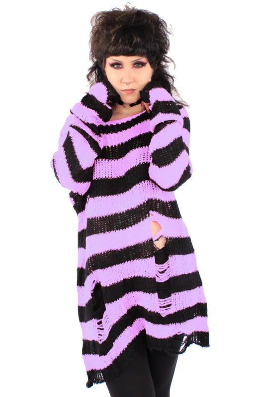 Lilac/Black Striped Distressed Sweater sold by Vampire Freaks